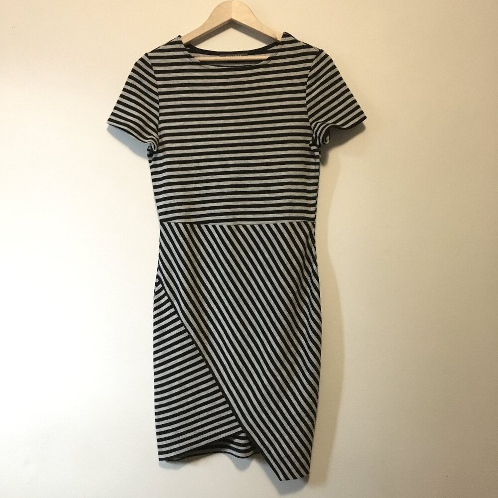 Corporate Goth Grey Black Striped Asymmetrical Wrap Sheath Dress - Small